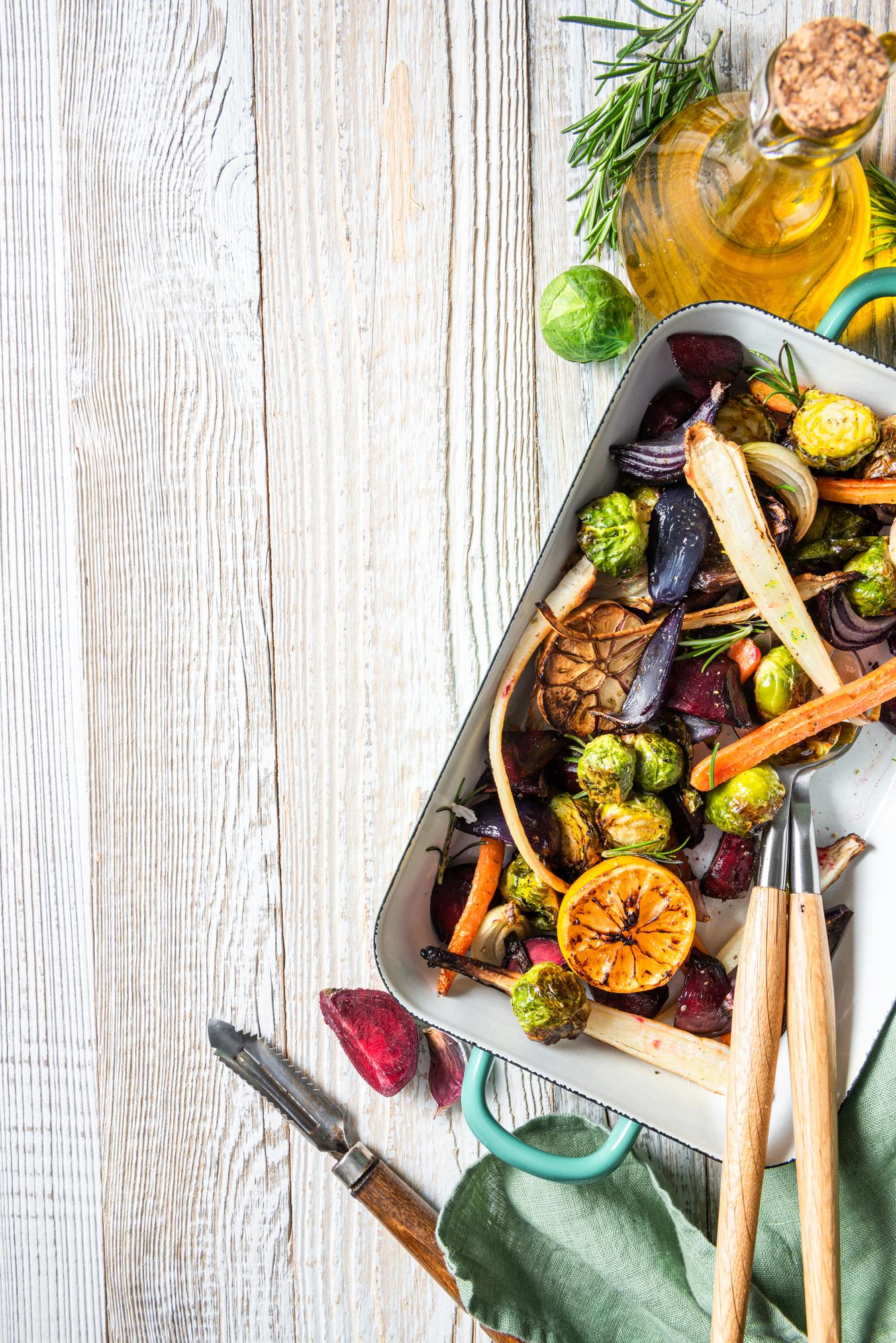 tray of slow-roasted vegetables on a table